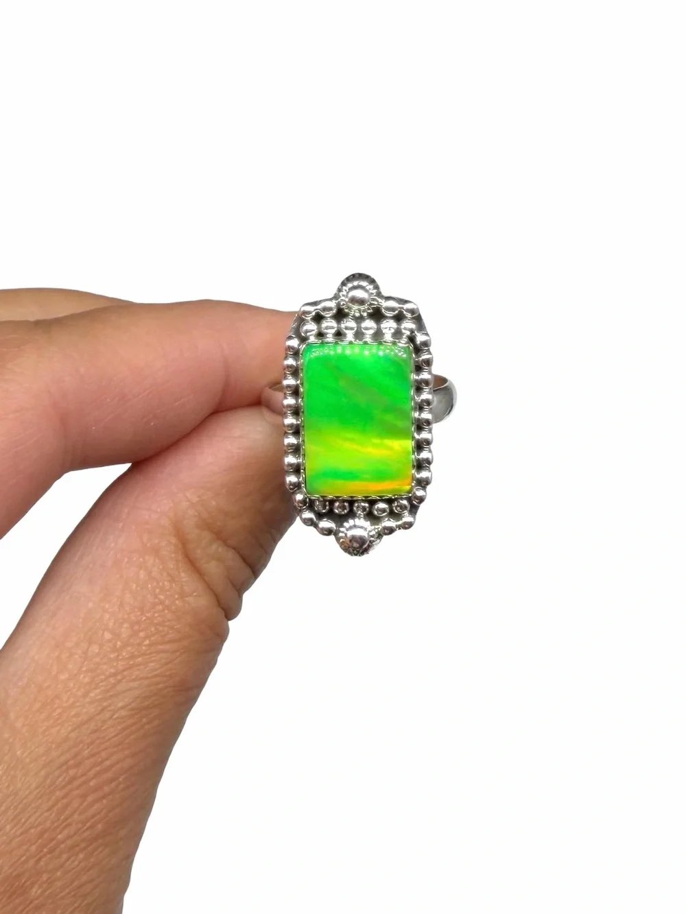 Aurora Fire Opal Ring Size 8 Solid 925 Sterling Silver Aura Lime Green